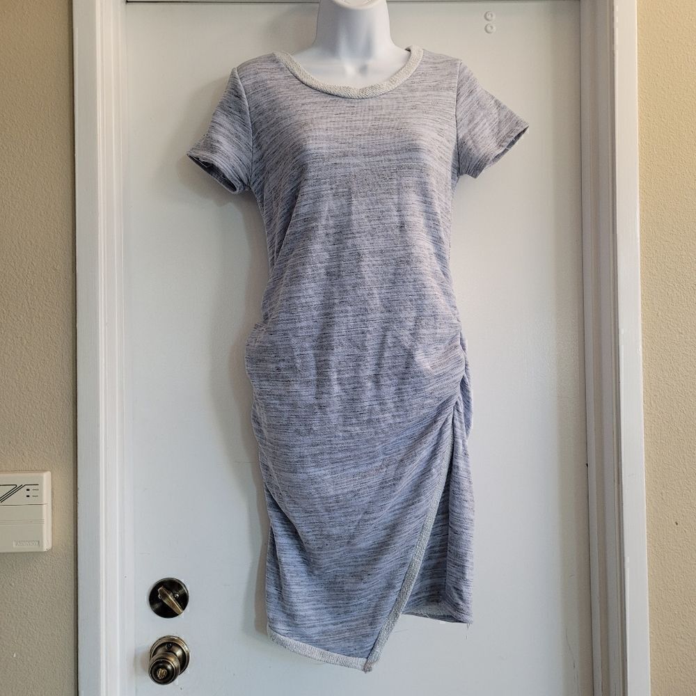 Pink blush sweatshirt material raw hem wrap dress